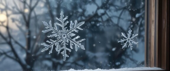 Snowflakes gently falling on a frosty windowpane, icy surface, soft flakes