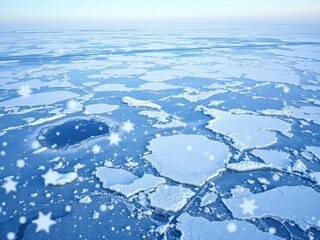 Snowflakes gently falling on a vast expanse of frozen lakes and sparkling ice formations in a wintry scene, snowflake patterns, frosty scenery
