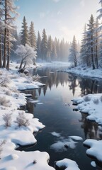 Snowy forest with snow-covered trees and a frozen lake, icy, forest, snowy