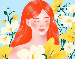 Portrait of a red-haired woman surrounded by white flowers