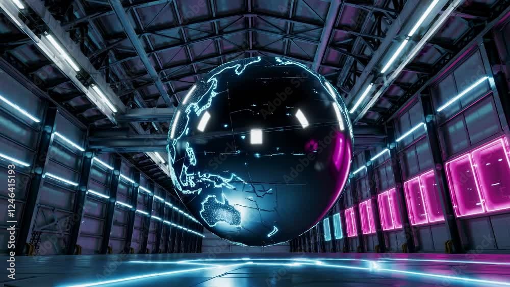 Poster futuristic globe display in illuminated industrial space showcasing world map and data visualization