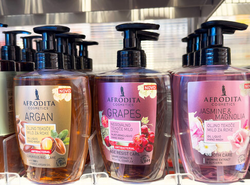 Assorted afrodita cosmetics hand wash bottles with argan grapes jasmine magnolia scents