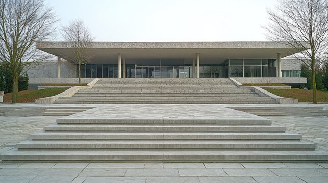 Modern building with wide stairs and plaza.