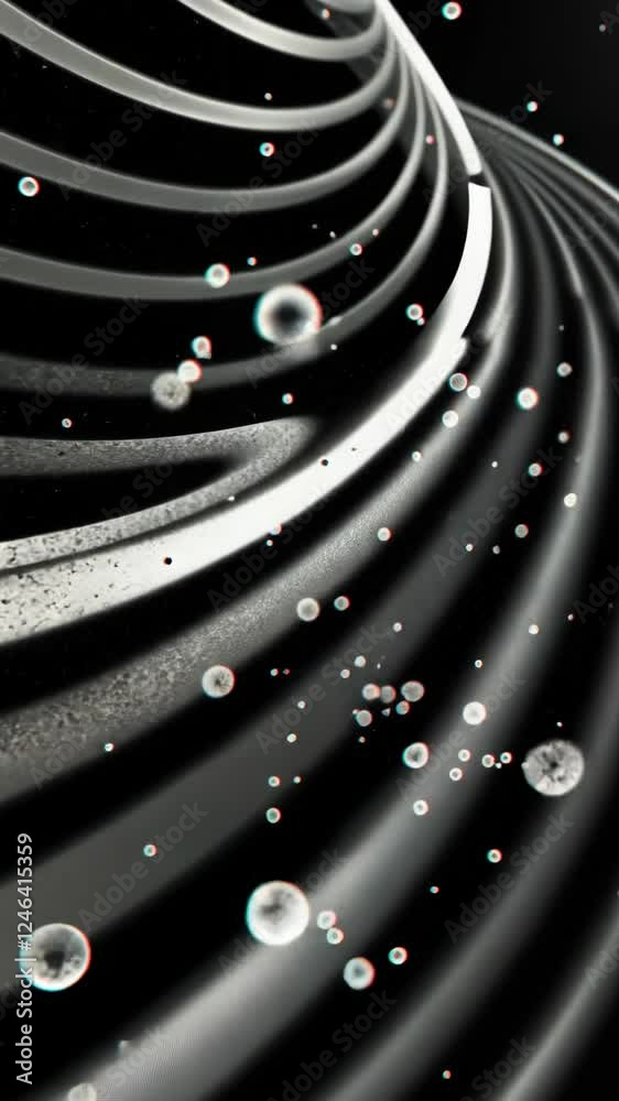 Poster a black and white photo of a spiral with many small white dots. the dots are scattered throughout th