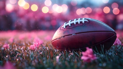American Football on Grass with Pink Flowers and Blurred Stadium Lights at Dusk