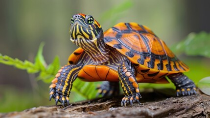 Obraz premium Colorful turtle resting on a log amidst lush greenery in a serene natural environment