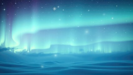 Softly glowing aurora borealis background with gentle snowflakes and twinkling stars, icy landscape, winter night sky