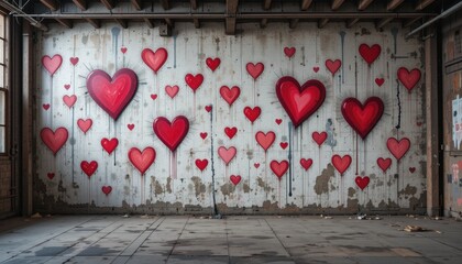 An abstract urban art piece showcasing scattered heart symbols against a raw industrial loft backdrop