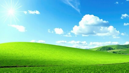 Fototapeta premium Softly scattered white clouds float above a serene green meadow, sunny, field