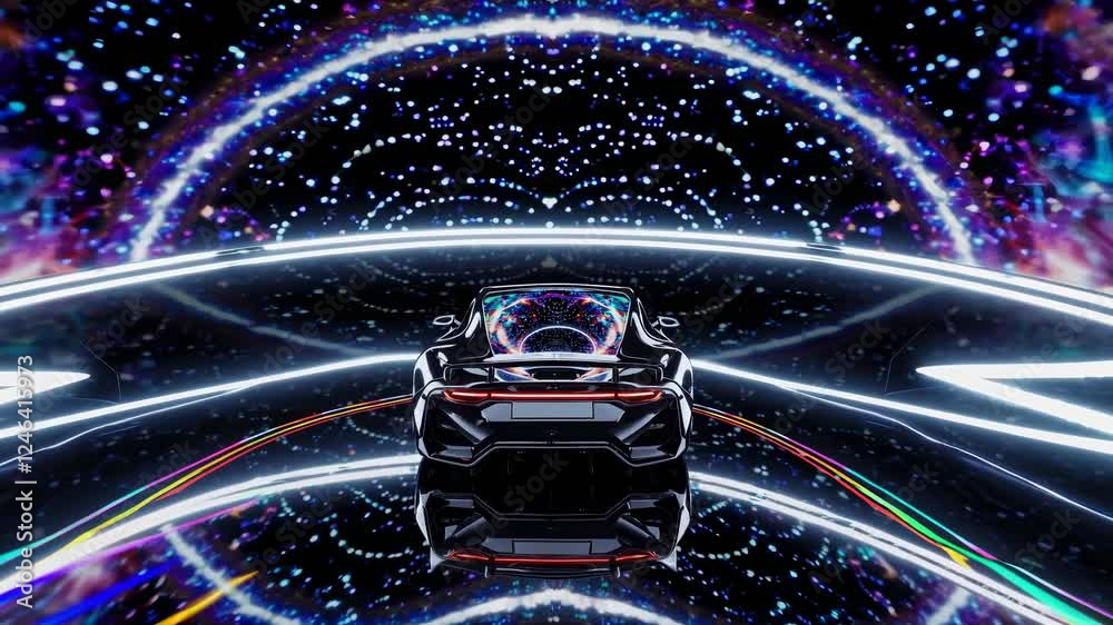 Poster exploring a futuristic car journey through a neon-lit cosmic tunnel at high speed