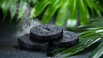 Hot spa stones steaming on wet dark stone with tropical leaves