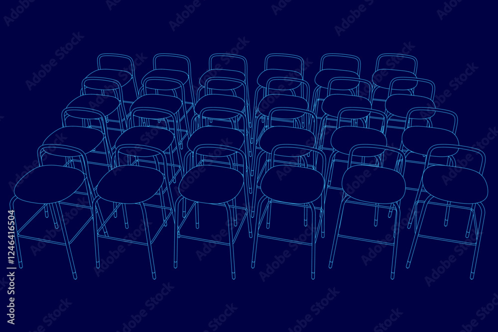 Poster a blue image of chairs in rows. the chairs are all the same color and are arranged in a grid pattern