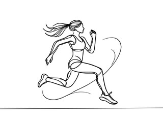 Running woman one line continuous. Woman runs line art. Hand drawn vector art.