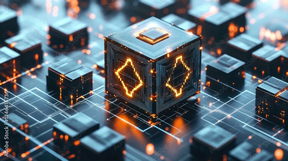 Poster abstract blockchain structure with glowing futuristic lines forming a decentralized network.