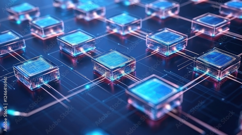 Poster abstract blockchain structure with glowing futuristic lines forming a decentralized network.