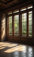 Spring morning light filtering through ancient wooden windows, spring, foliage