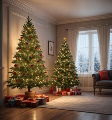 Spruce Christmas tree in a decorated room with festive lights and colors, colorful, decoration