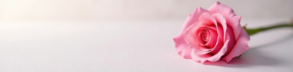 Fototapeta premium A single pink rose petal with a subtle sheen on a white surface, soft focus, luxury, rose flower