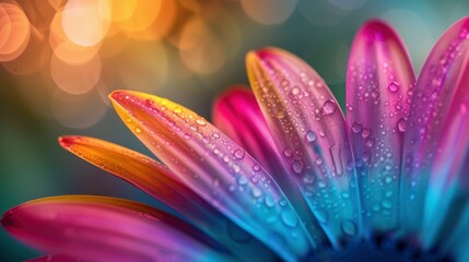 Fototapeta premium Close-up of a vibrant flower petal adorned with water droplets, set against a colorful bokeh background