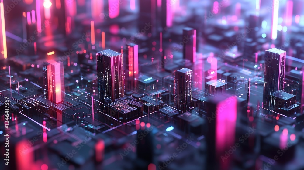 Poster abstract blockchain technology background with digital token symbols.