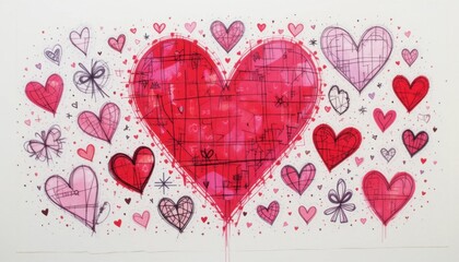An artistic arrangement of Valentine's doodles and sketches on recycled paper with vibrant, unexpected colors.