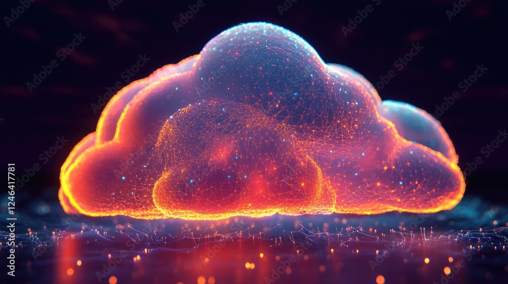Poster abstract concept of cloud computing with interconnected glowing nodes.
