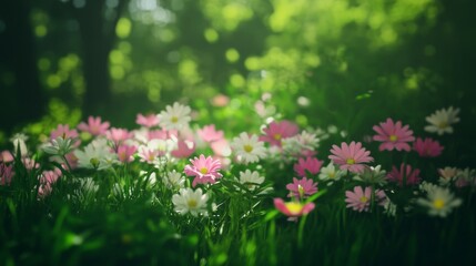 Obraz premium Sunlit Meadow of Pink and White Daisies in a Forest