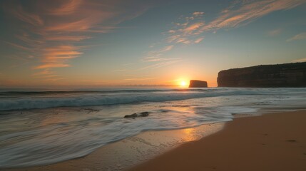 Fototapeta premium A serene beach at sunset with gentle waves lapping at the shore, pastel sky colors blending into the horizon