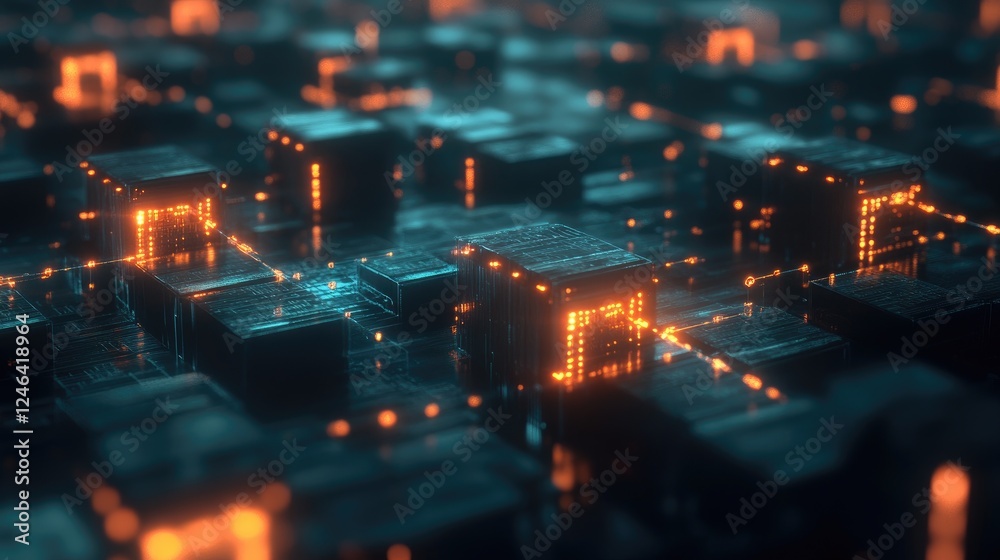 Poster abstract glowing blockchain links forming a secure digital network.
