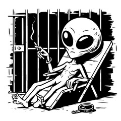 alien prisoner smoking and lounging in jail in sketch style