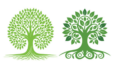 Obraz premium Beautiful green tree silhouette and vector design, minimalist business logo for tree icon on white background.