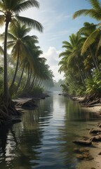 Obraz premium Palm trees and mangrove forests dominate a unique Bornean coastline landscape, palm tree, Borneo