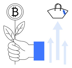 Hand holding a plant with a Bitcoin symbol, arrows indicating growth, and a purse with a price tag. Ideal for cryptocurrency, investment growth, financial trends, shopping, digital currency, economic