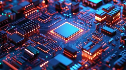 Obraz premium AI-powered robotic arms assembling complex circuit boards in a tech factory.