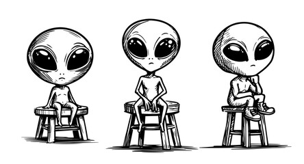 Fototapeta premium alien characters sitting on stools in vintage sketch style