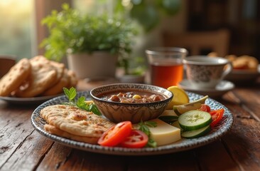 close-up shot of a traditional Indian breakfast, beautifully arranged on a stainless-steel plate.