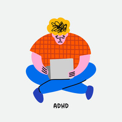 Illustration of a person with burnout at work, psychological problems, depression, fatigue. Hand drawn illustration in a minimalistic, naive style isolated on white background