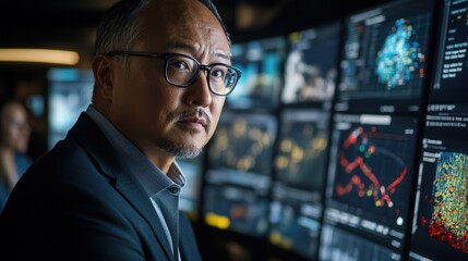 Serious businessman looking at data on multiple monitors.