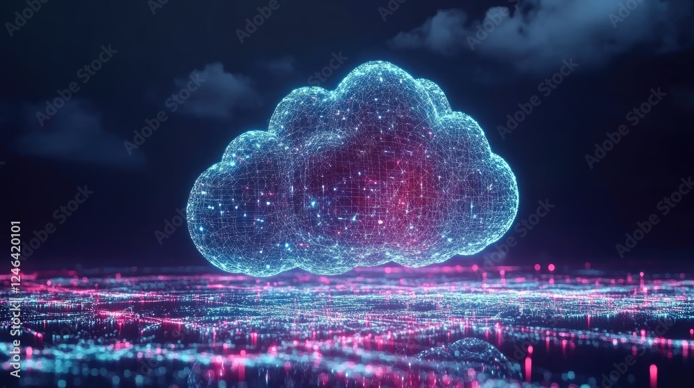 Poster abstract representation of cloud computing with floating digital connections.