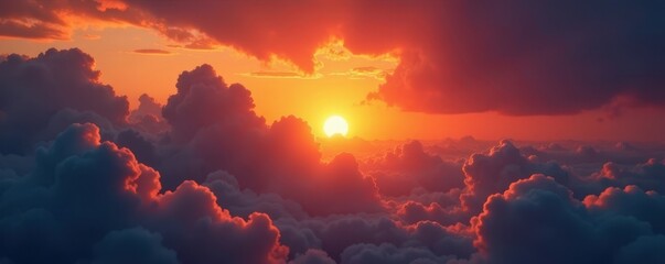 Orange sun peeking through thick clouds, dramatic sunset cloudscape , sky, nature, clouds