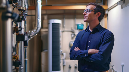 A home inspector reviewing HVAC system components in a house (3)