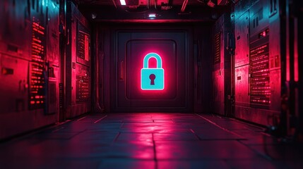 Neon padlock on futuristic server room door.