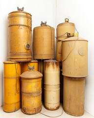 Stacked Vintage Classic Storage Canisters in Yellow and Beige Colors Against White Backdrop