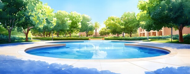 A serene pool surrounded by lush greenery and bright skies, creating a tranquil outdoor space perfect for relaxation.