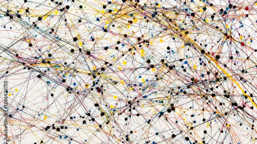 Poster abstract representation of computer networking with interconnected digital nodes.