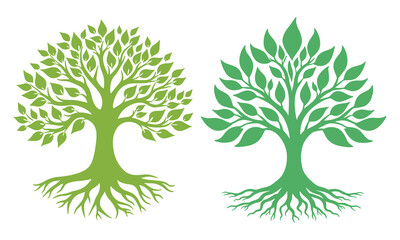 Obraz premium Beautiful green tree silhouette and vector design, minimalist business logo for tree icon on white background.