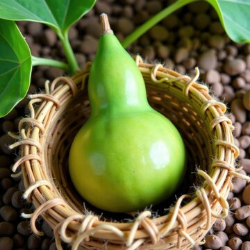 Pointed gourd nestled among jute fibers Trichosanthes dioica, trichosanthes, herb