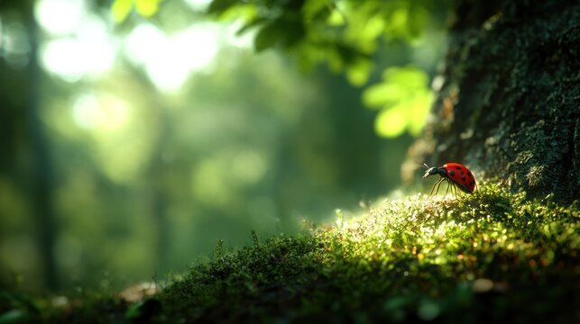 Ladybug on moss, forest, sunlight, peaceful scene