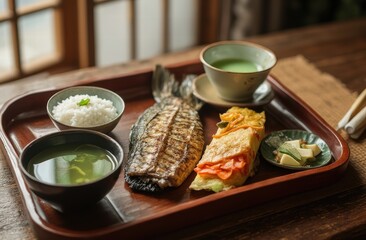 A high-resolution close-up shot of a traditional Japanese breakfast, artfully arranged on a simple lacquered tray

