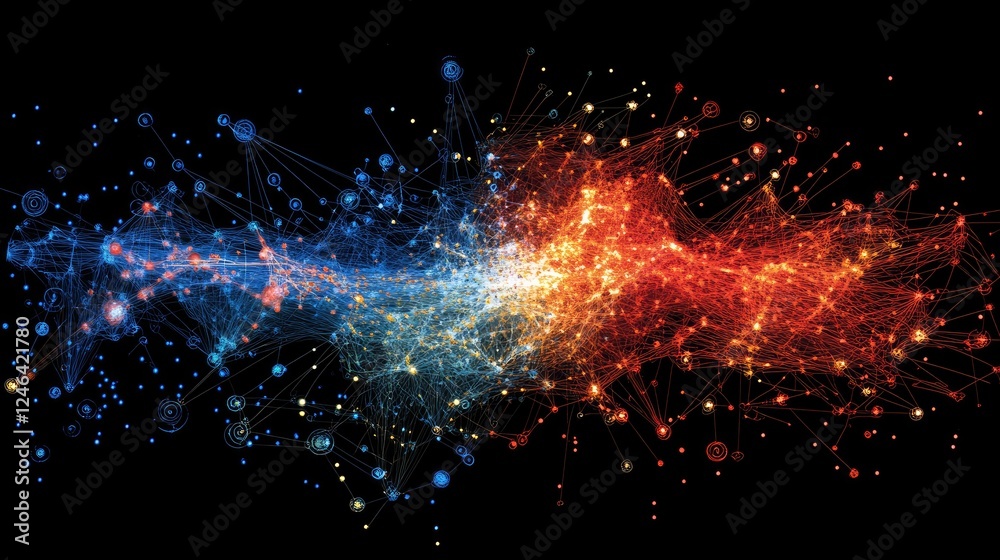 Poster abstract visualization of business strategy with interconnected nodes and glowing data points.